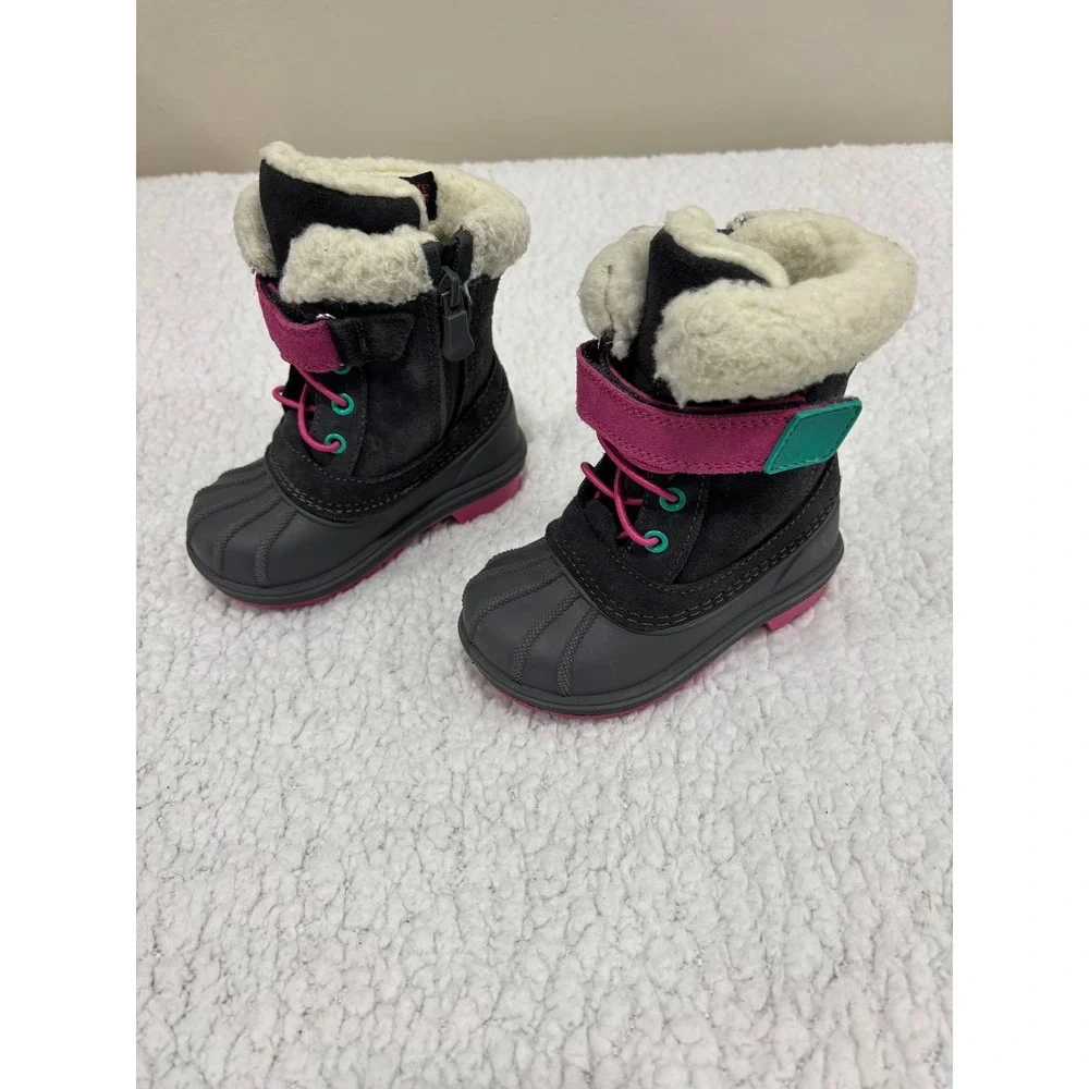 Cat &‎ Jack 6 Black Pink Girls Winter Snow Boots Faux Fur Casual Cozy